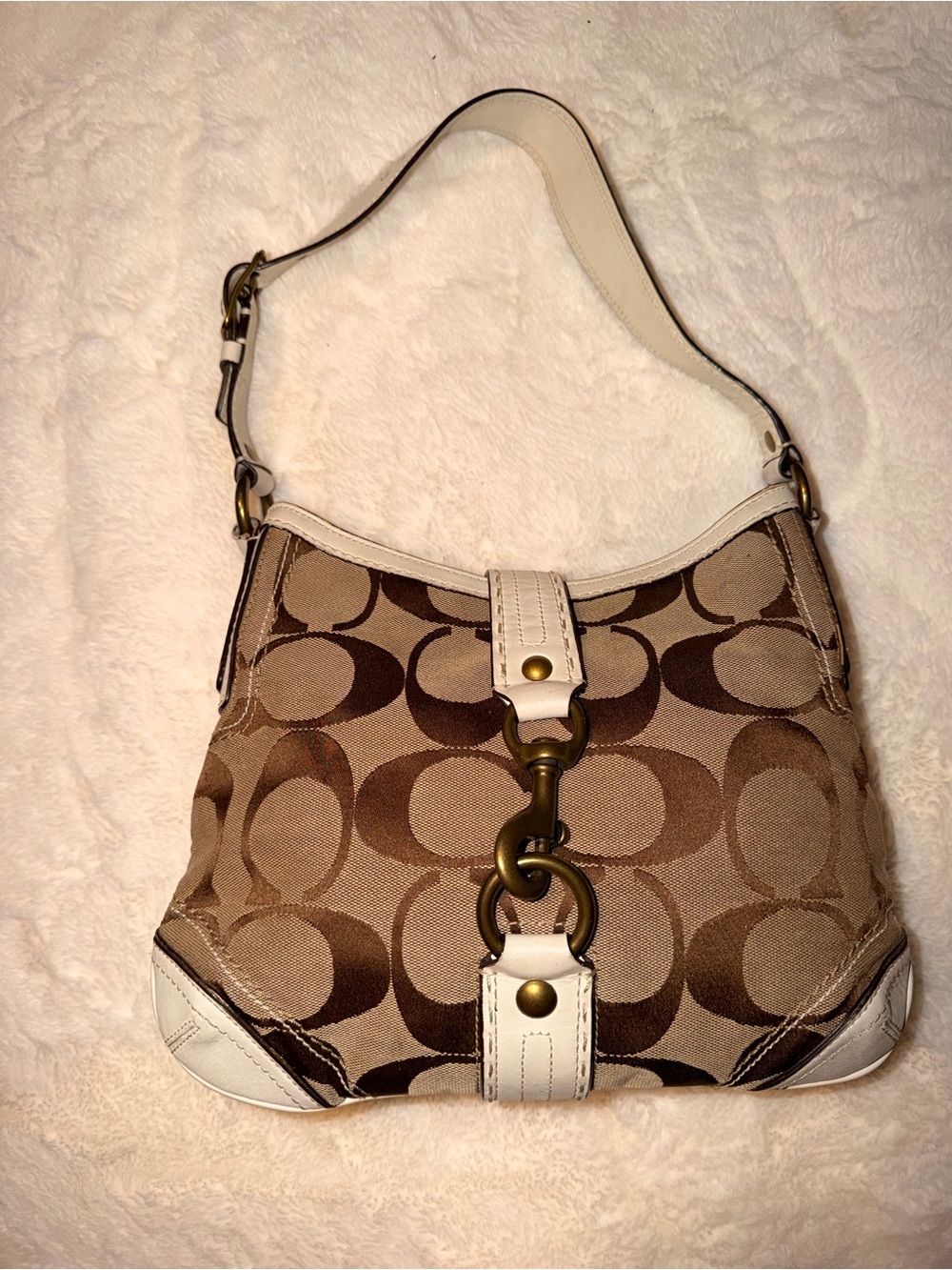 Coach Monogram Shoulder Bag in Brown and White Leather Trim
